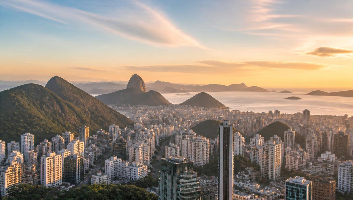 Brazilian city skyline with green hills at golden hour
