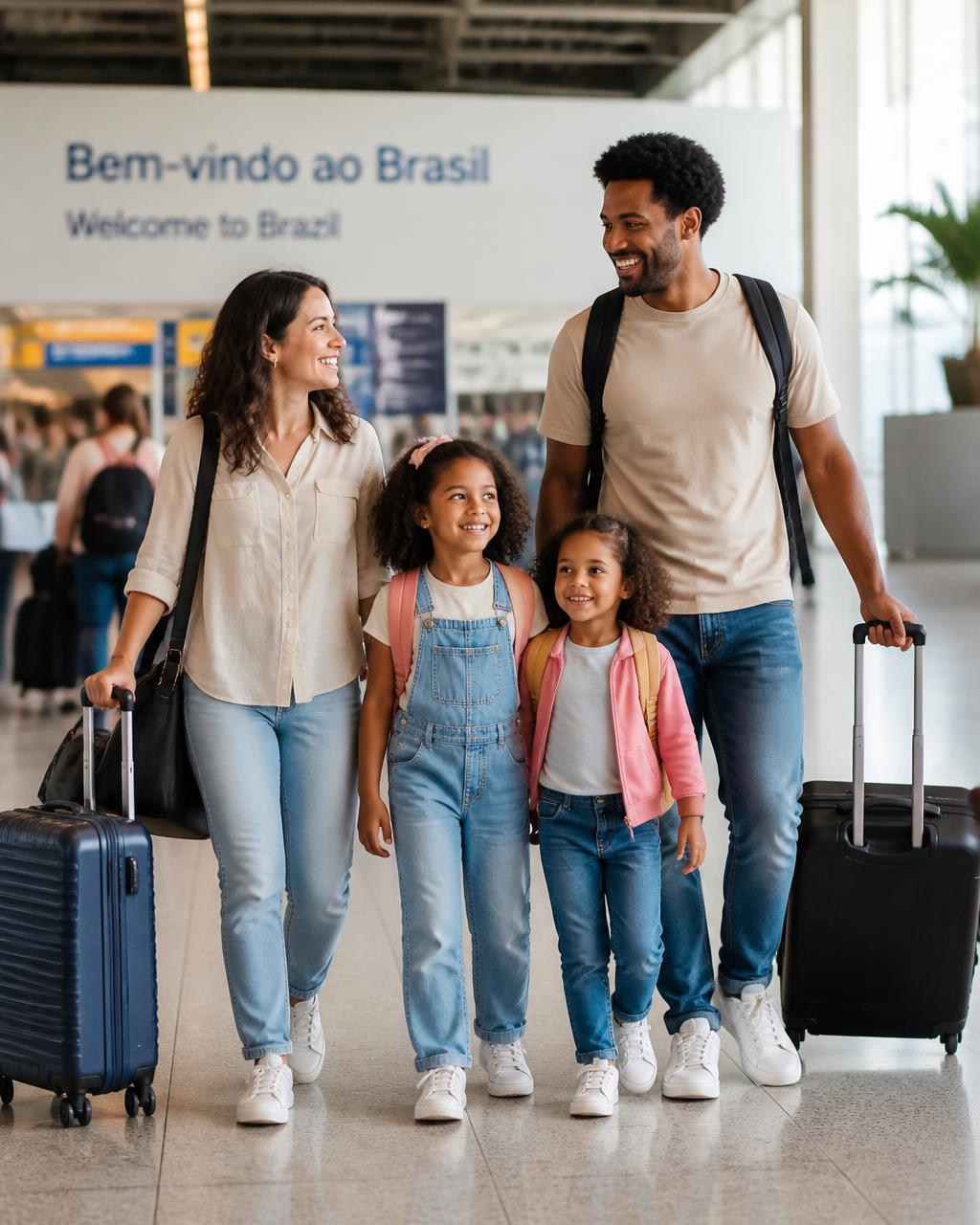International family arriving at a Brazilian airport with their luggage