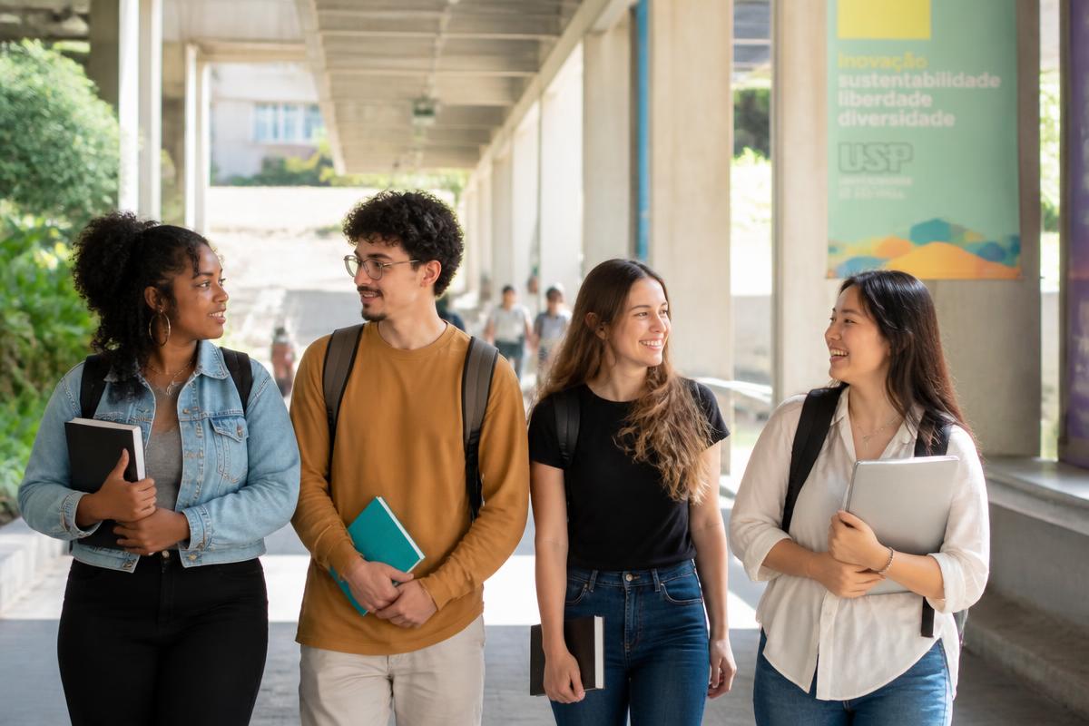 International students walking together on a Brazilian university campus